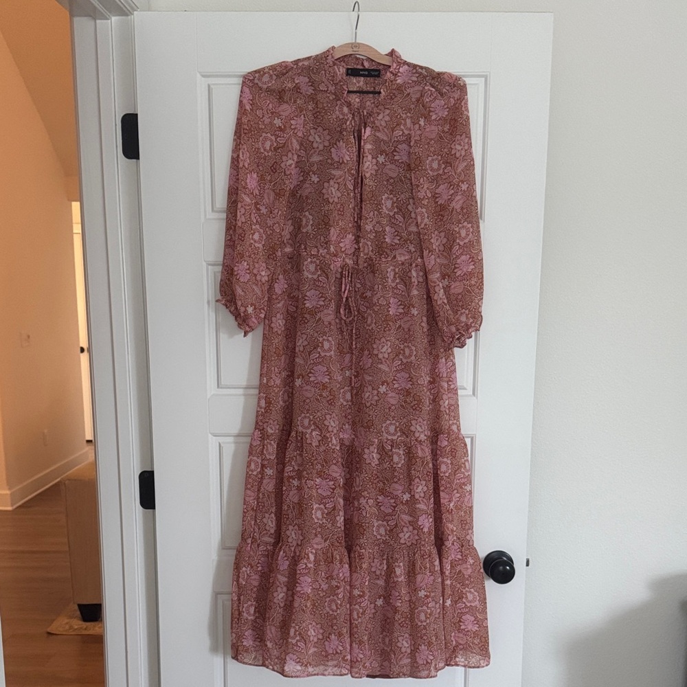 Mango Floral Long Sleeve Dress in Pink and Burnt Orange